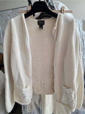 Pur Handknit Cream Open Cardigan Sweater Mismatched Buttons Accent Medium Large
